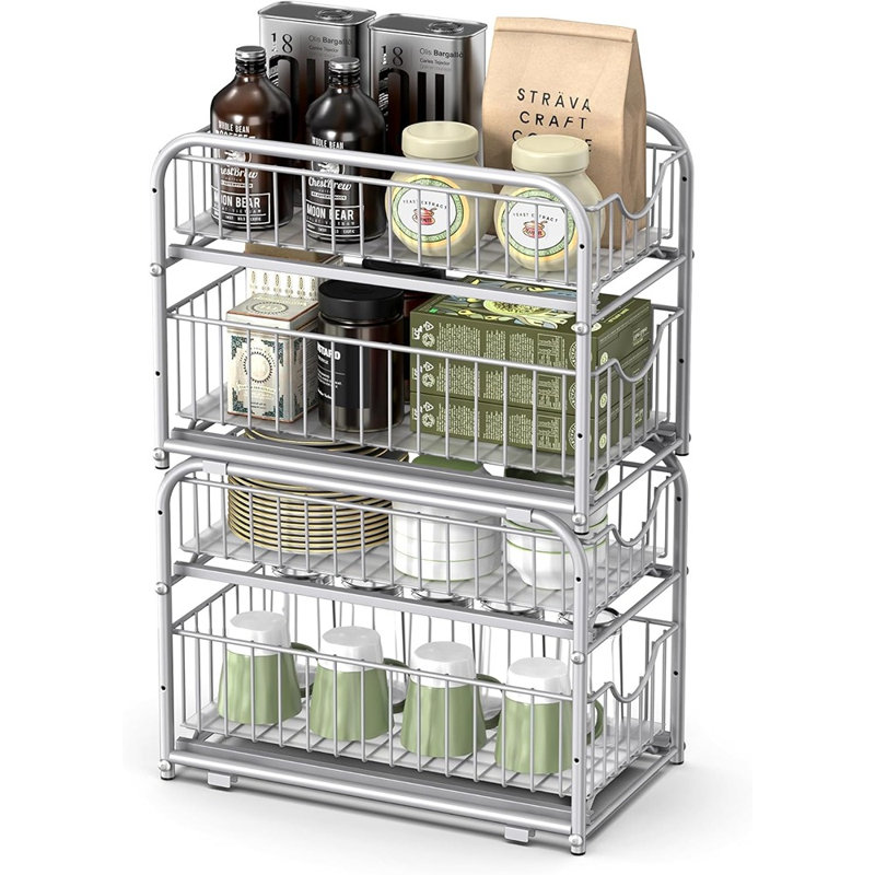 2-Tier Under Sink Pull-Out Organizer – Stackable Sliding Basket Drawers For Kitchen And Bathroom, Metallic Silver
