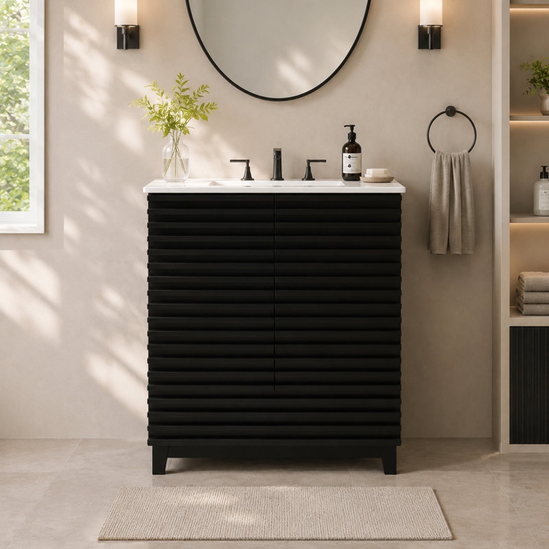 Meuble-lavabo de 76 cm avec lavabo en céramique, meuble de salle de bain autoportant avec 2 portes cannelées et 1 tiroir, étagère de rangement à double porte, séparateur de tiroir amovible, meuble-lavabo moderne