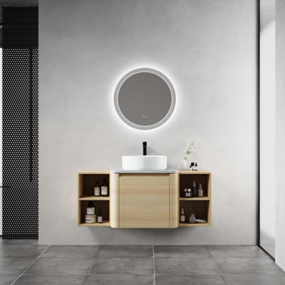 Meuble-lavabo mural 48 po avec lavabo d'art en céramique et 2 tablettes de rangement, porte à fermeture en douceur, contreplaqué