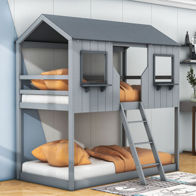 Twin Over Twin Wood Bunk Bed,House Bunk Bed With Roof And Windows -  Harper Orchard, F49E1C2B43A843A0B2D452D8583E4691