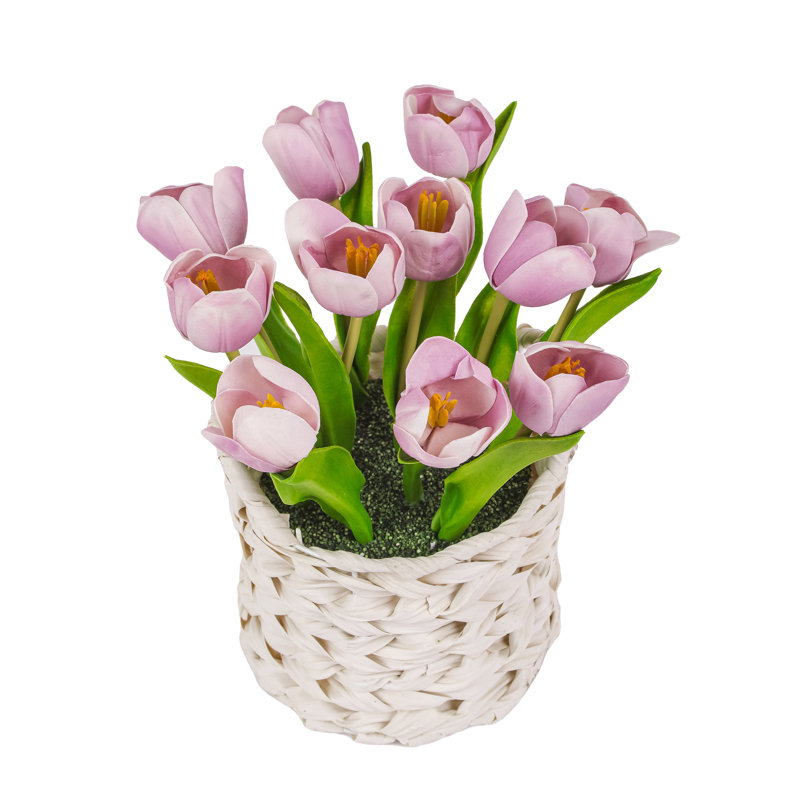 Bouquet de tulipes dans un panier blanc, Gris, Mauve