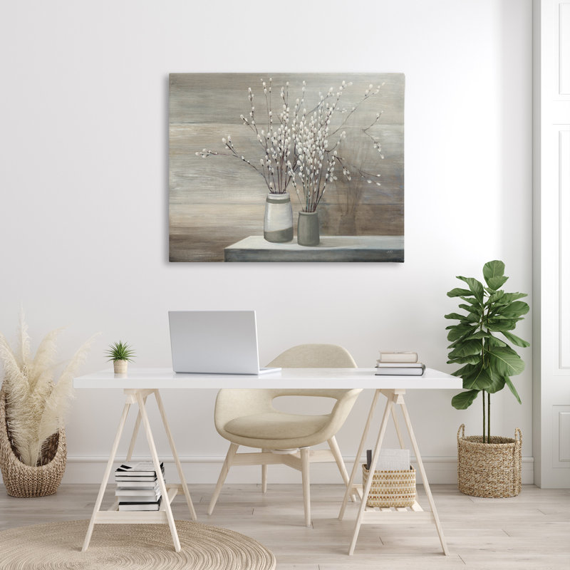 Nature morte « Pussy Willow » - peinture sur bois, 36" H x 48" W