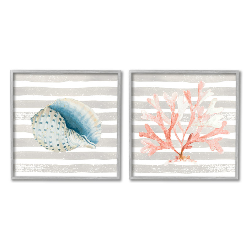 Nautique, coquille courbée, corail rose, rayures beige patiné par Patricia Pinto - ensemble de 2 impressions