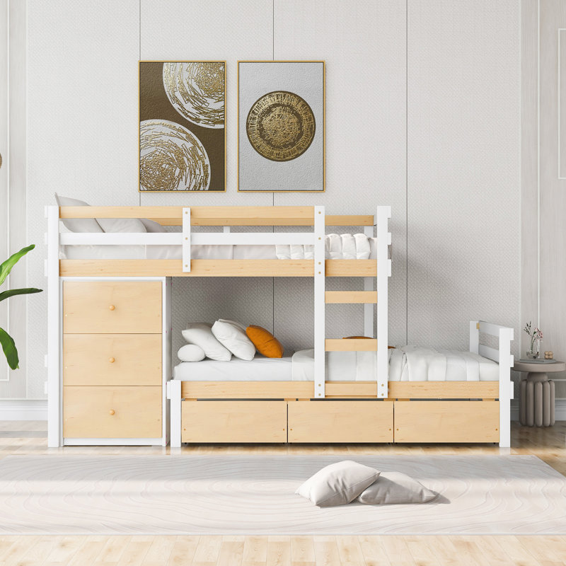 Solution de rangement pour chambre à coucher avec lit superposé simple en bois de pin à finition naturelle