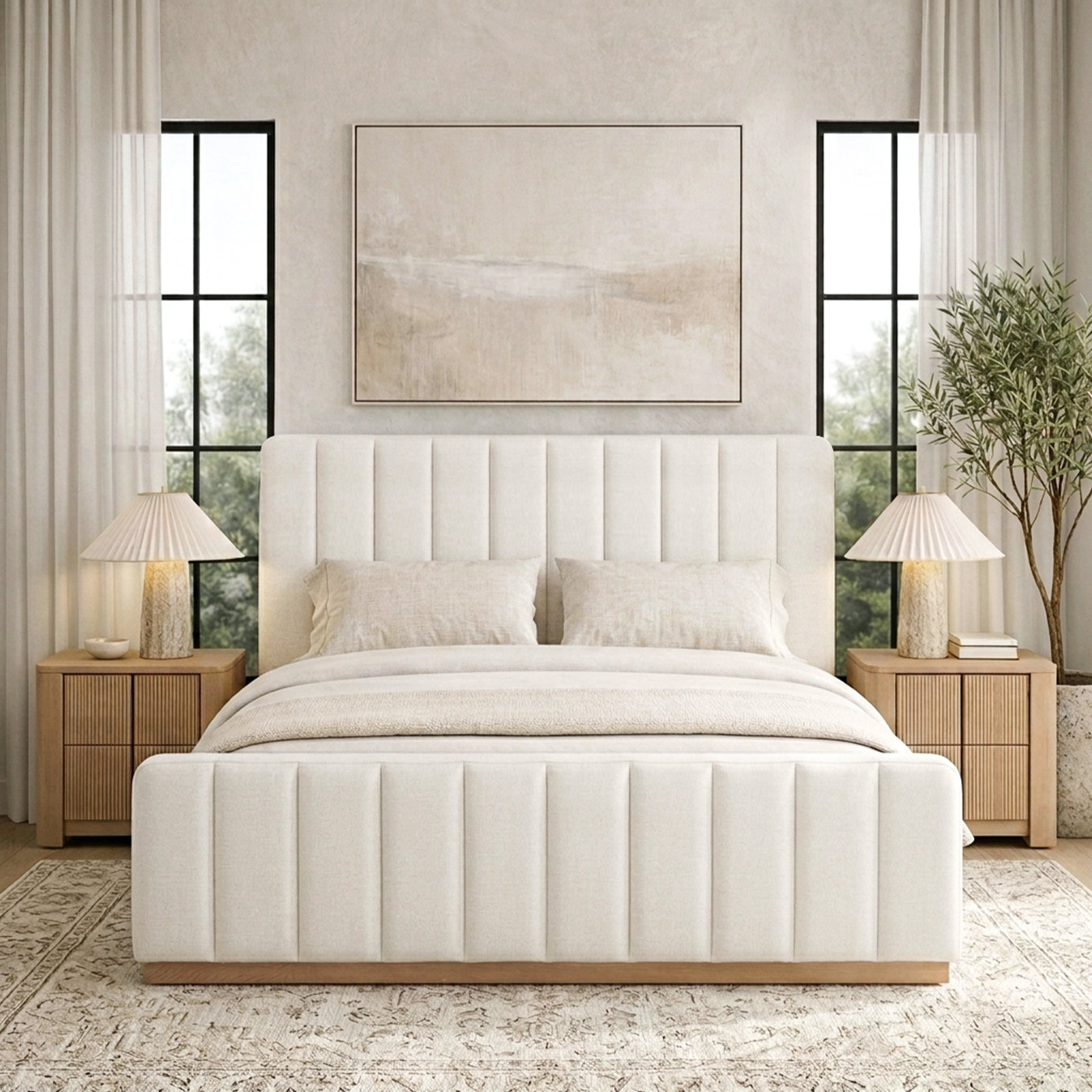 Upholstered Panel Bed, Queen, Beige
