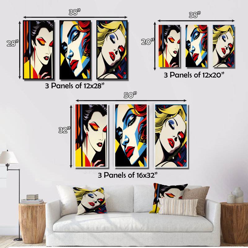 «Retro Woman Portrait Pop Art II», 3 pièces, Encadrement doré, H 20 po x l 36 po
