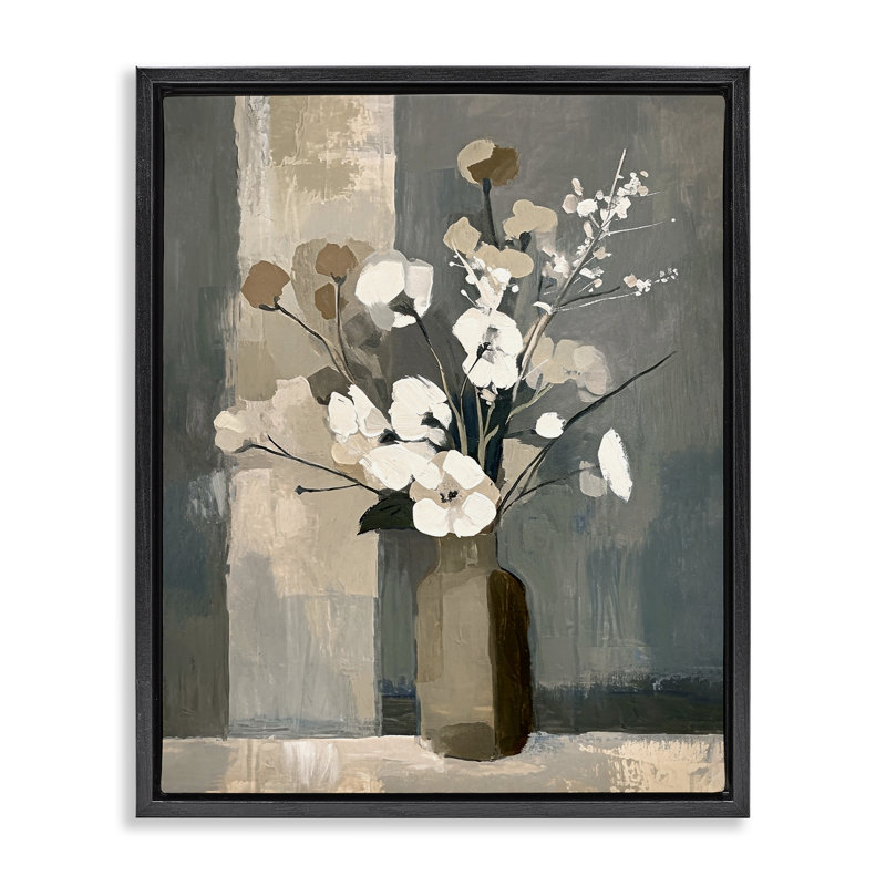 «Neutral Floral Vase» par Ramona Murdock, Cadre flottant noir de jais, H 21 po x l 17 po
