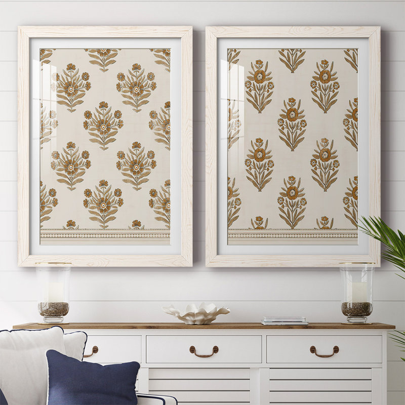 «Block Print Blooms I», reproduction de cadre photo sur toile 2 pièces, Blanc, H 27,5 po x l 75 po x P 1,5 po