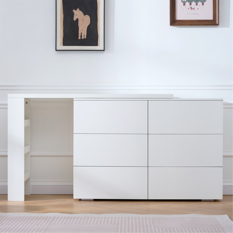 Six tiroirs, bureau amovible, trois compartiments de rangement, table multifonctionnelle blanche à six pompes