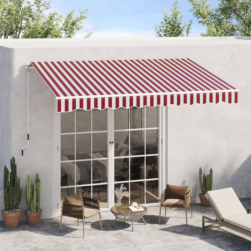 Retractable Patio Awning with Manual Crank, UV & Water-Resistant Fabric, 0.2" H x 96.5" W x 120" D, Red/White, Striped
