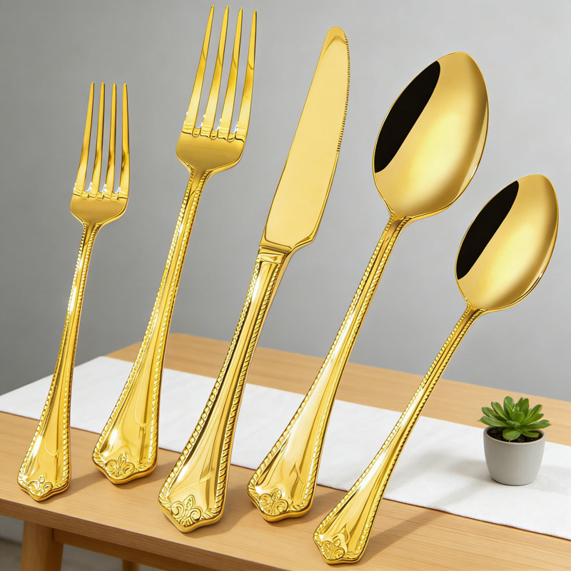 Ensemble de couverts en or 20 pièces pour 4, ensemble de couverts en acier inoxydable poli 18/10 avec poignées en forme de goutte, allant au lave-vaisselle pour la maison, le mariage et la gastronomie