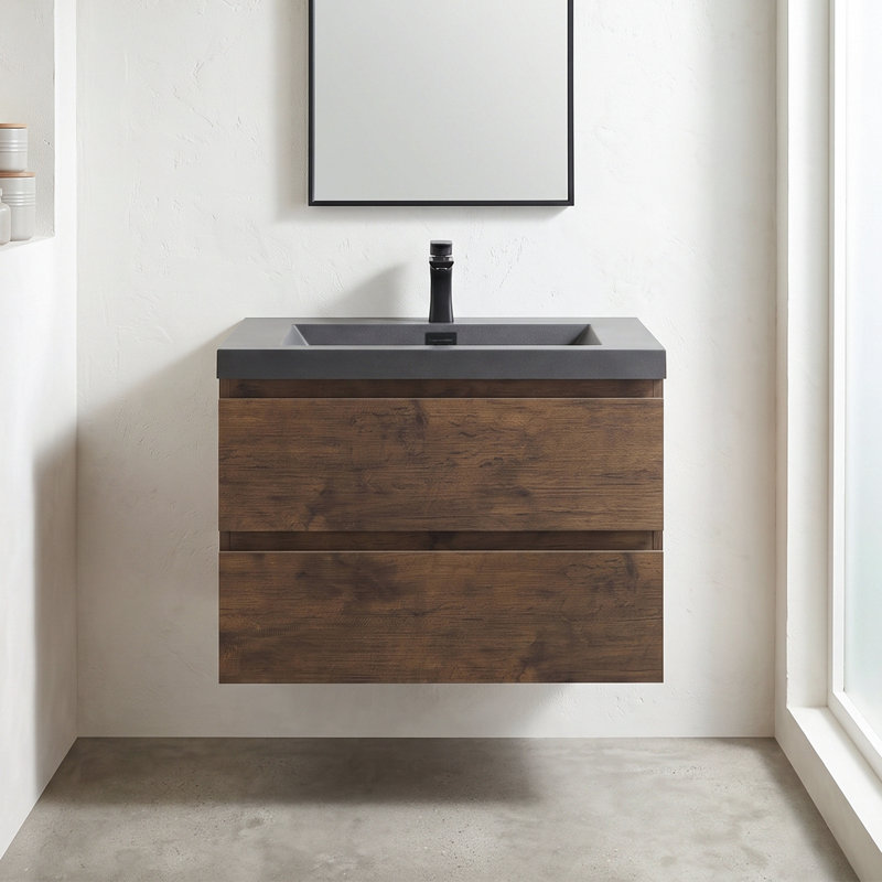 Meuble-lavabo suspendu de 76 cm (30 po) en mélamine en bois avec lavabo intégré en résine noire et quartz sable, armoire de salle de bain en palissandre avec tiroirs à fermeture douce et poignées supprimées