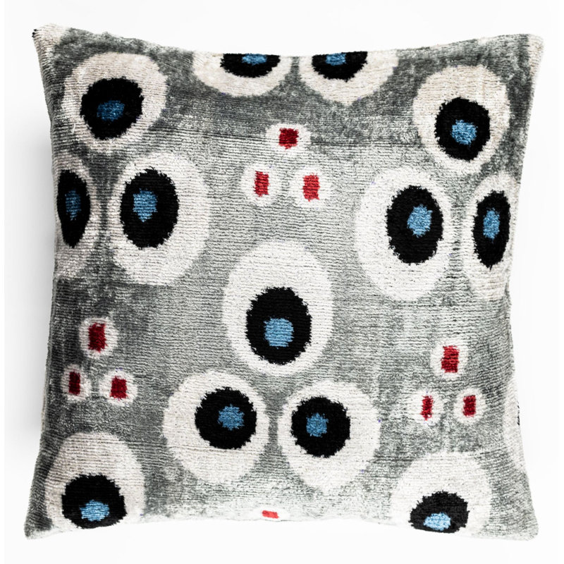 Coussin en velours fait à la main 16 x 16 - Motif géométrique gris, bleu, noir et rouge avec insert en duvet pour un décor moderne