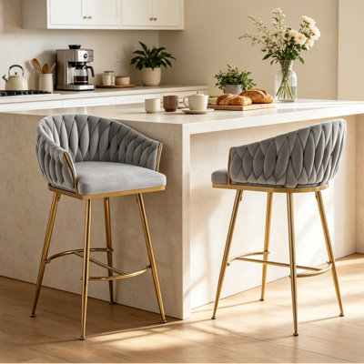 26'' Velvet Counter Height Bar Stools with Curved Woven Back and Footrest