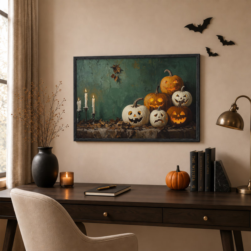 Art mural sur toile, citrouilles et bougies incandescentes, H 32 po x l 48 po