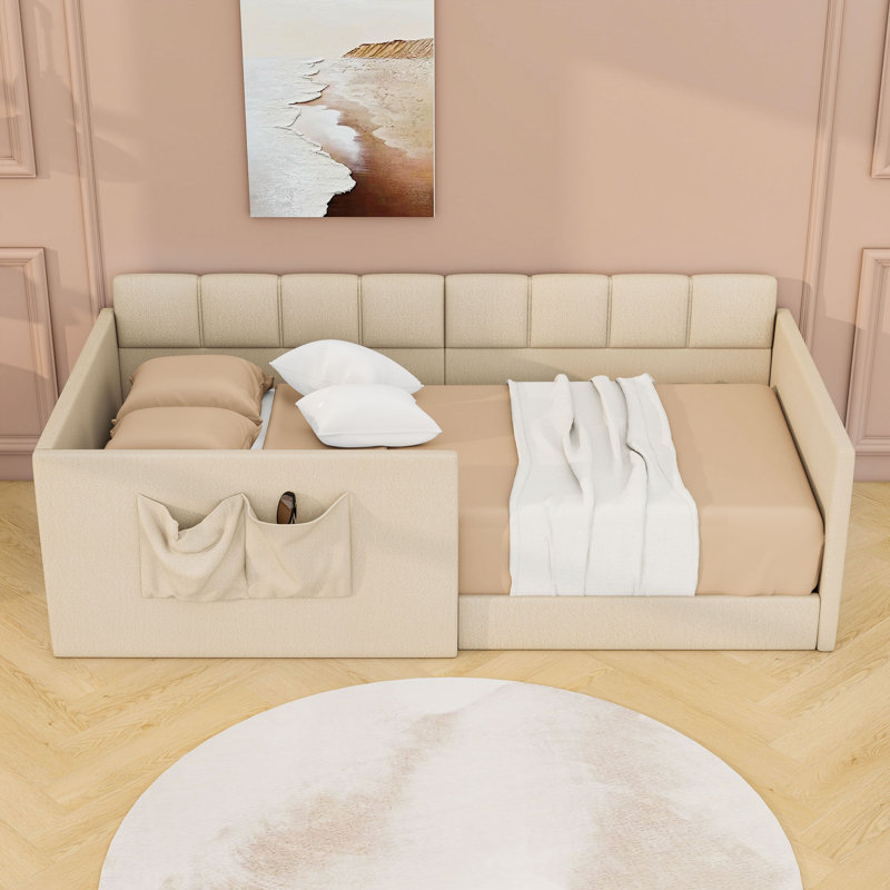 Lit de jour en velours avec poches de rangement intégrées, Beige, Twin