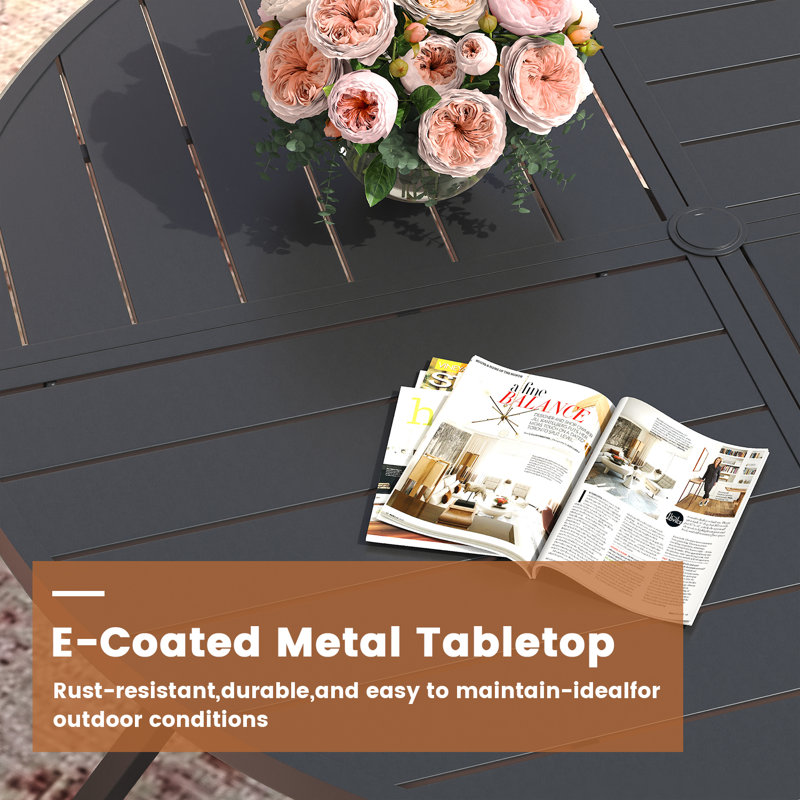 Outdoor Patio Dining Set - 41.7” Round Table with Umbrella Hole & Storage Shelf + 4 Swivel Chairs, Black/Brown