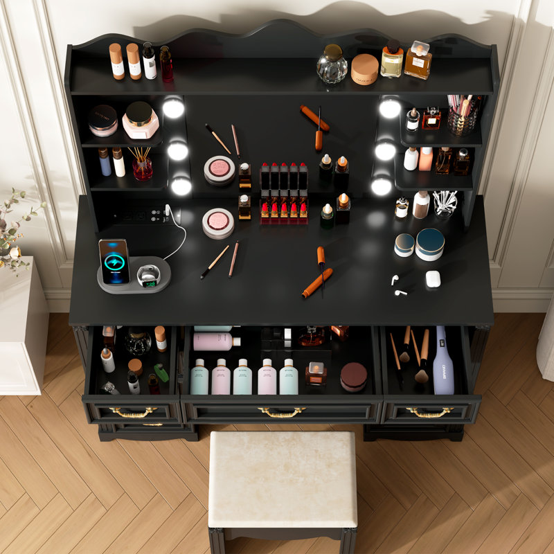 Makeup Vanity with 3-color Lighting Mirror, Outlets, Stool, Storage Drawers and Cabinet, Black