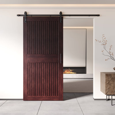 Homacer Red Mahogany 50in x 84in Unassembled & Finished Vertical Stripe Design Barn Door with Non-Bypass Installation Hardware Kit, 9ft track, interior use only