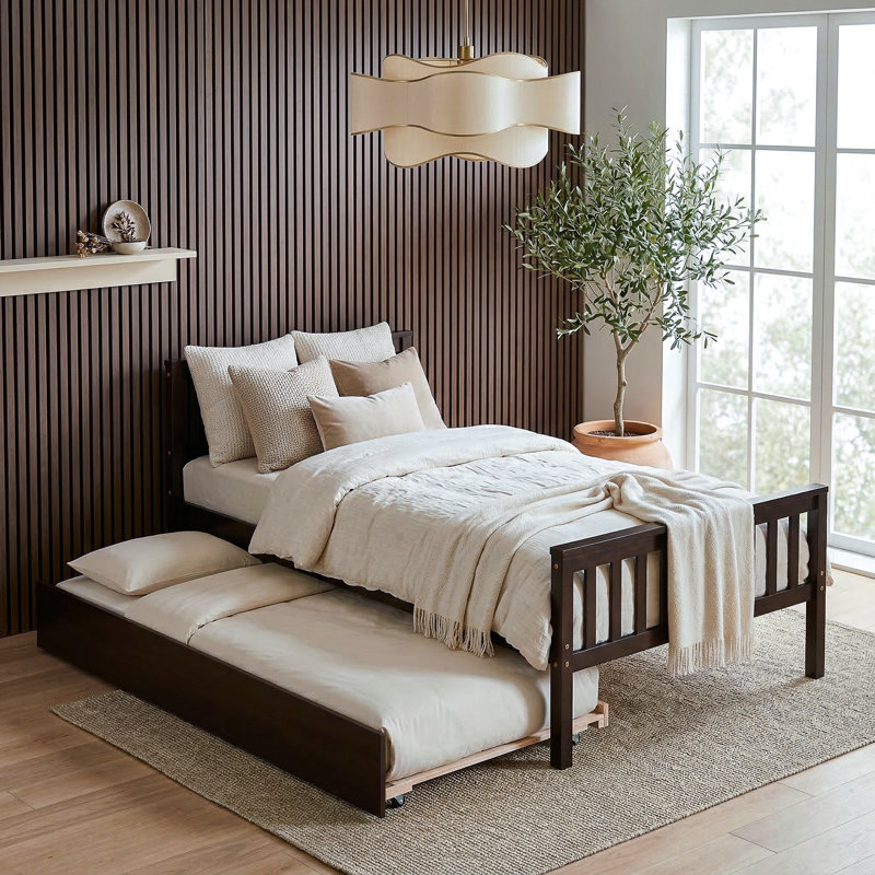 Lit plateforme simple avec lit gigogne escamotable, cadre de lit en bois de pin massif avec tête de lit à lattes et lattes de bois robustes, aucun sommier tapissier requis