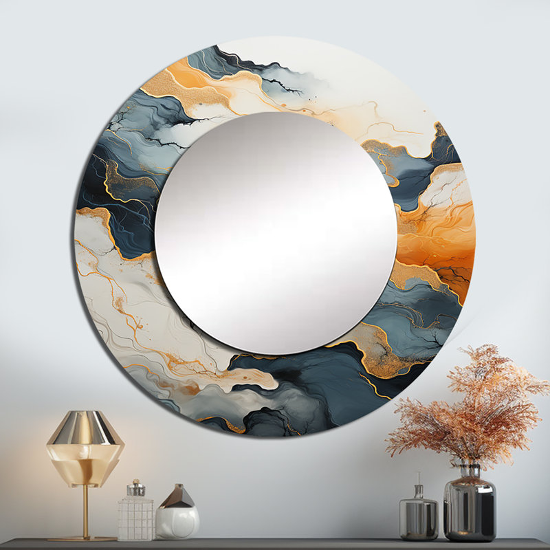 Rhilee abstrait orange et bleu rivière encre II - miroir décoratif en marbre, miroir mural rond bleu, impression d'art en métal