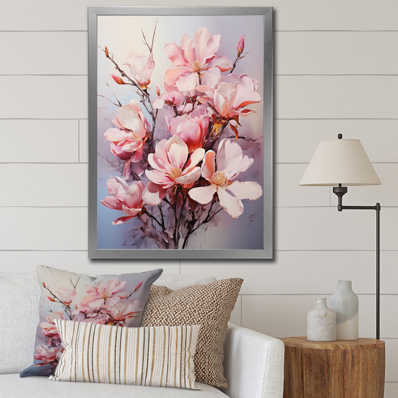 Impression romantique sur toile rose, blanc et magnolias II, Cadre photo argenté, H 20 po x l 12 po x P 1 po