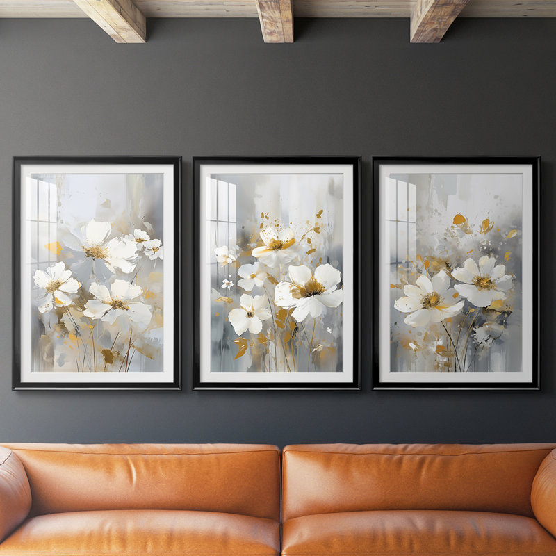 FLORAL Series CDxxv - impression encadrée sur mesure de qualité supérieure - 3 pièces, H 21 po x l 30 po, Noir