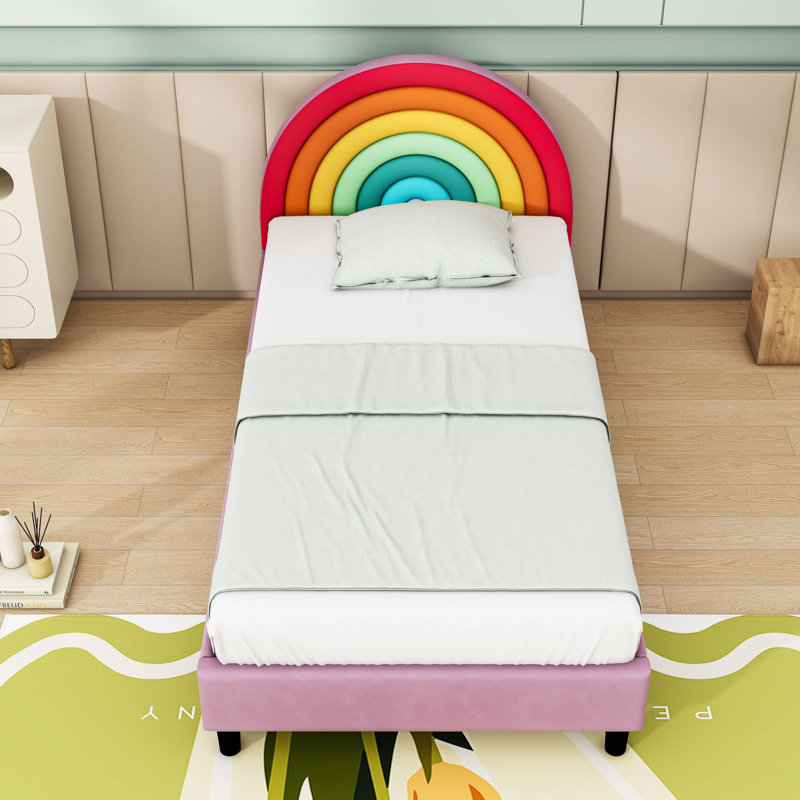 Twin Upholstered Platform Bed with Rainbow Headboard and Sturdy Frame