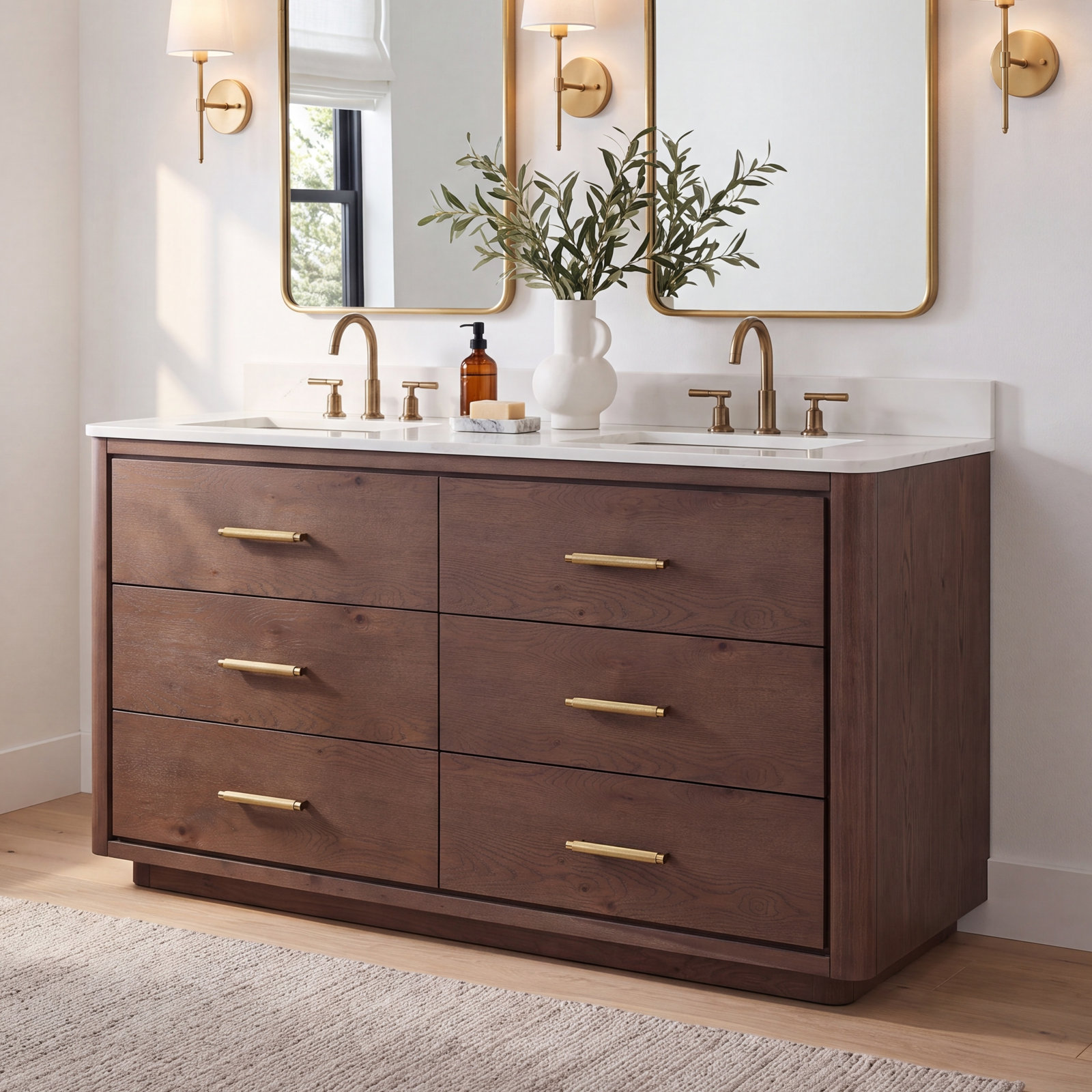 Porto 60'' Double Bathroom Vanity, Dark Brown Oak, Gold