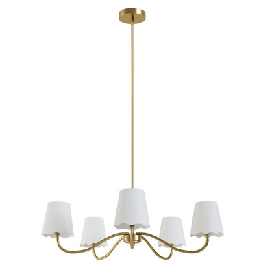 5-Light 32"W Polished Brass & White Burlap Modern Farmhouse Chandelier With Kd Shades For Dining Room