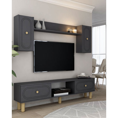 Meuble télé moderne avec tablette murale, anthracite, 59,1 po x 17,6 po x 11,6 po | 100% panneau de particules enduit de mélamine, épaisseur: 0,7 pouce | Comprend de nombreuses tablettes, une conception murale, des meubles de maison élégants et fonctionnels