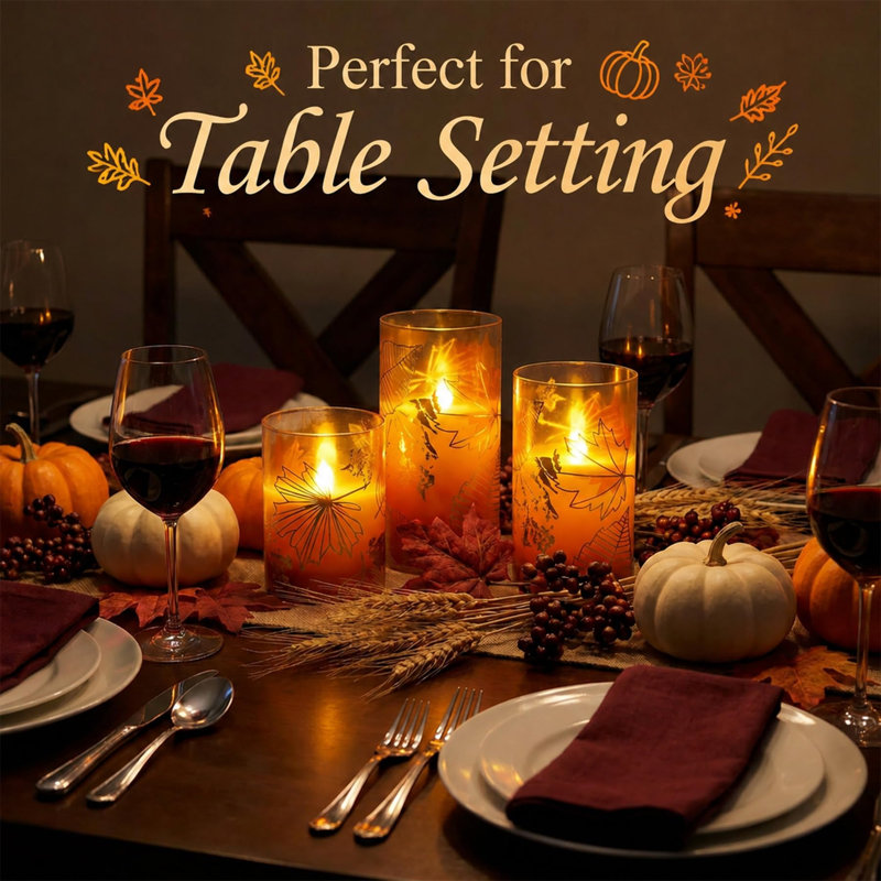Fall Leaves Glass LED Candles with 6H Timer Function