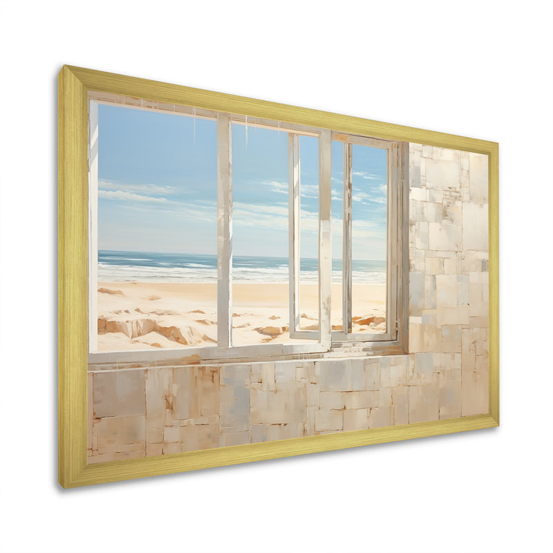 «Beach Windows Horizon I» - Impressions sur toile plage et océan, H 12 po x l 20 po x P 1 po, Cadre doré simple