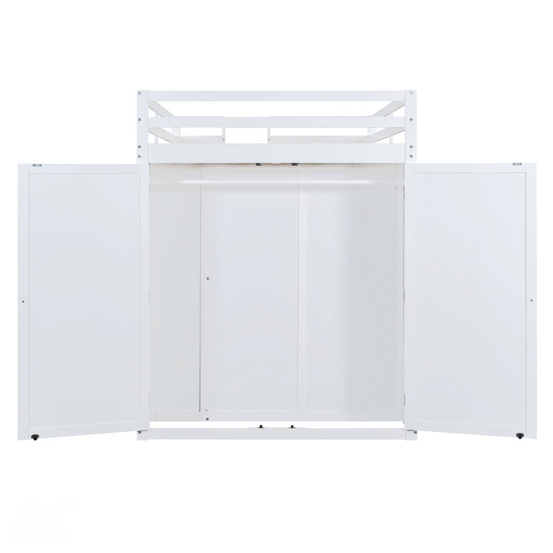 Lit mezzanine double avec tiroirs, tablettes et lumière, Blanc