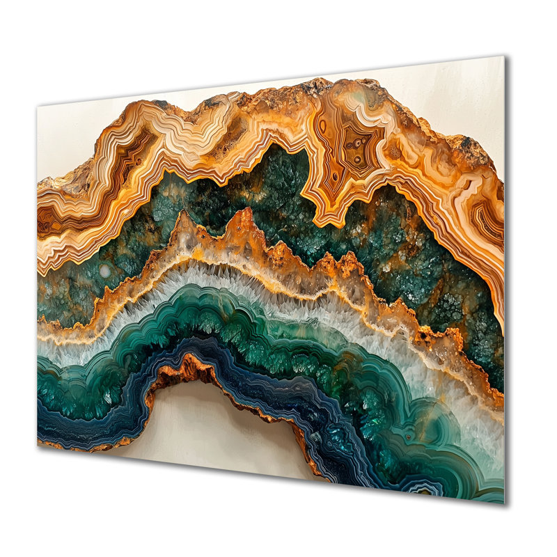 Agate et pierre émeraude dans la glissade en bois I - reproduction d'art traditionnelle en métal, décoration murale agate en métal