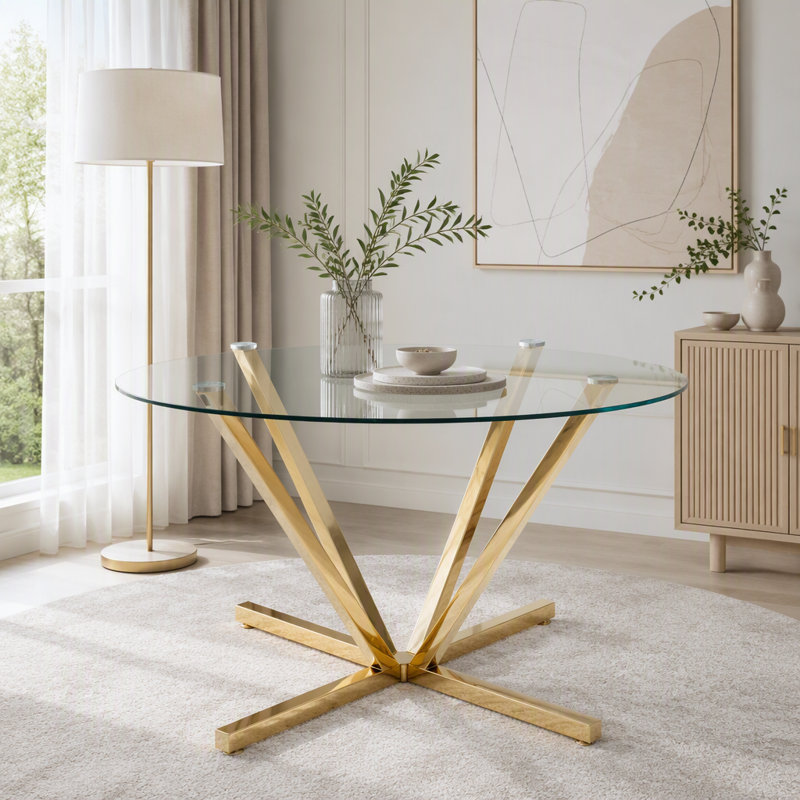 Table de salle à manger ronde en verre trempé 45,27 pouces, Gold+Transparent