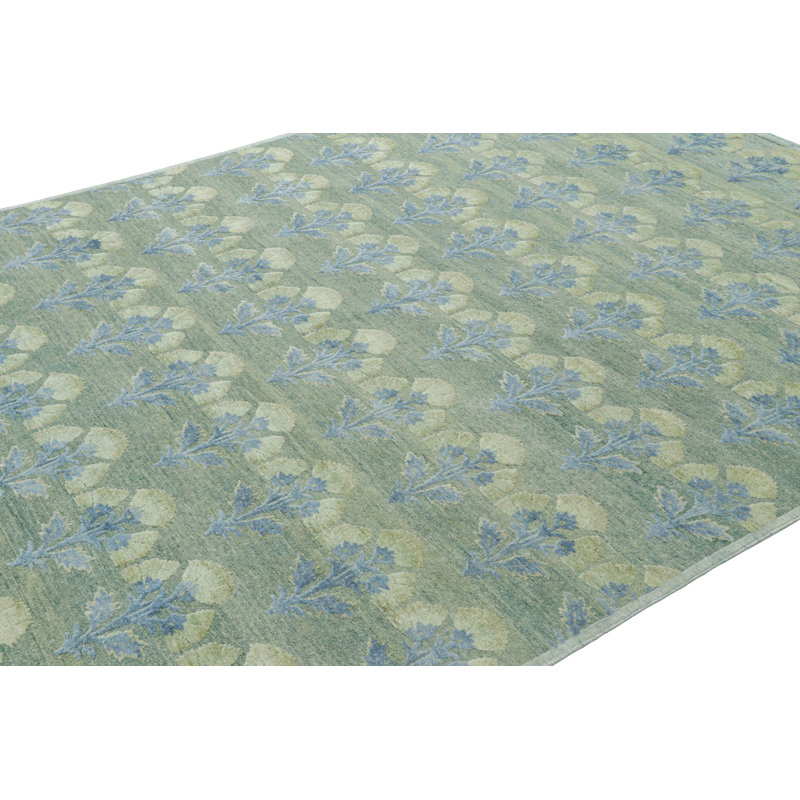 Rug & Kilim’S Custom Block Print Rug Design With Blue And Green Floral Pattern, Rectangle 14' x 20'