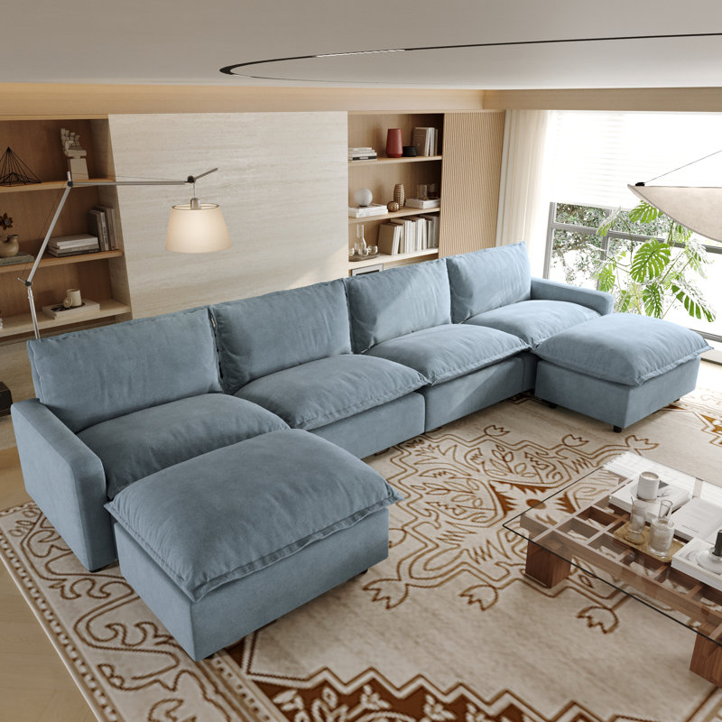 6-Piece Upholstered Modular Linen Fabric Sectional Sofa With Ottoman, Blue Linen, 35.04" H x 148.82" W x 59.44" D