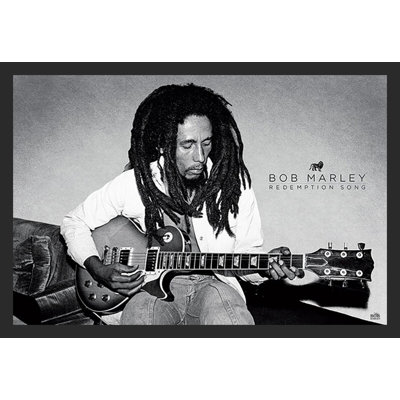 Bob Marley Redemption Song Black and White Playing Guitar 24 x 36 Inch Wood Framed Poster -  Ebern Designs, C5DA620AEF64401C8B8AAC9B5FDBC1B3