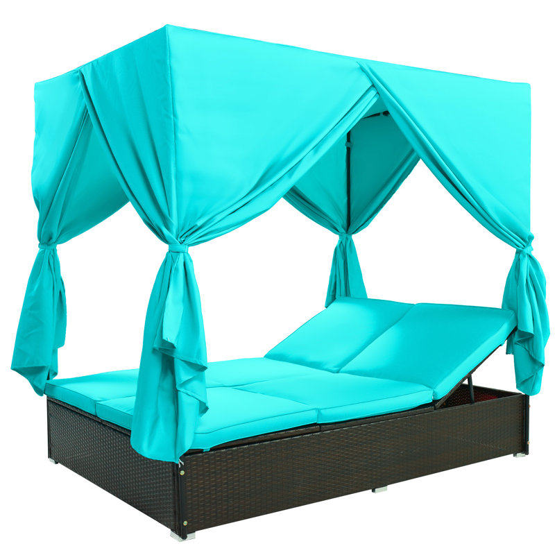 Chaise longue de patio avec rideaux et dossier réglable, Bleu