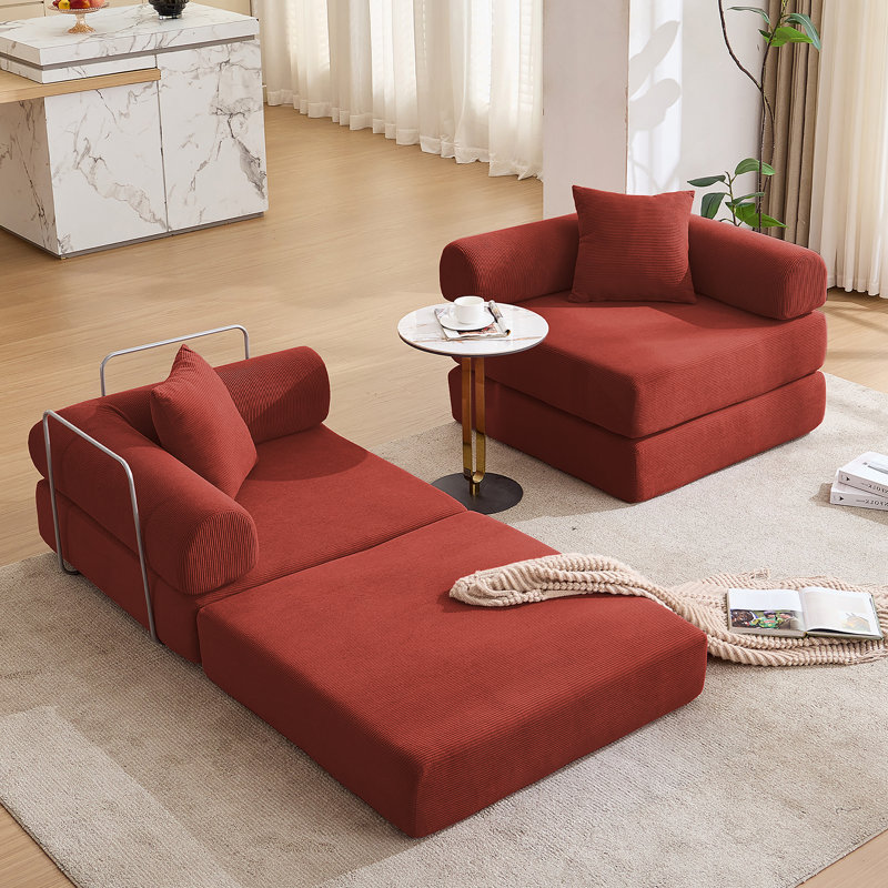 Canapé-lit modulaire pour appartement, canapé-lit convertible avec structure fixe et accoudoirs amovibles, matelas pliant pour petits espaces, sans assemblage, velours côtelé, rouge Ancora