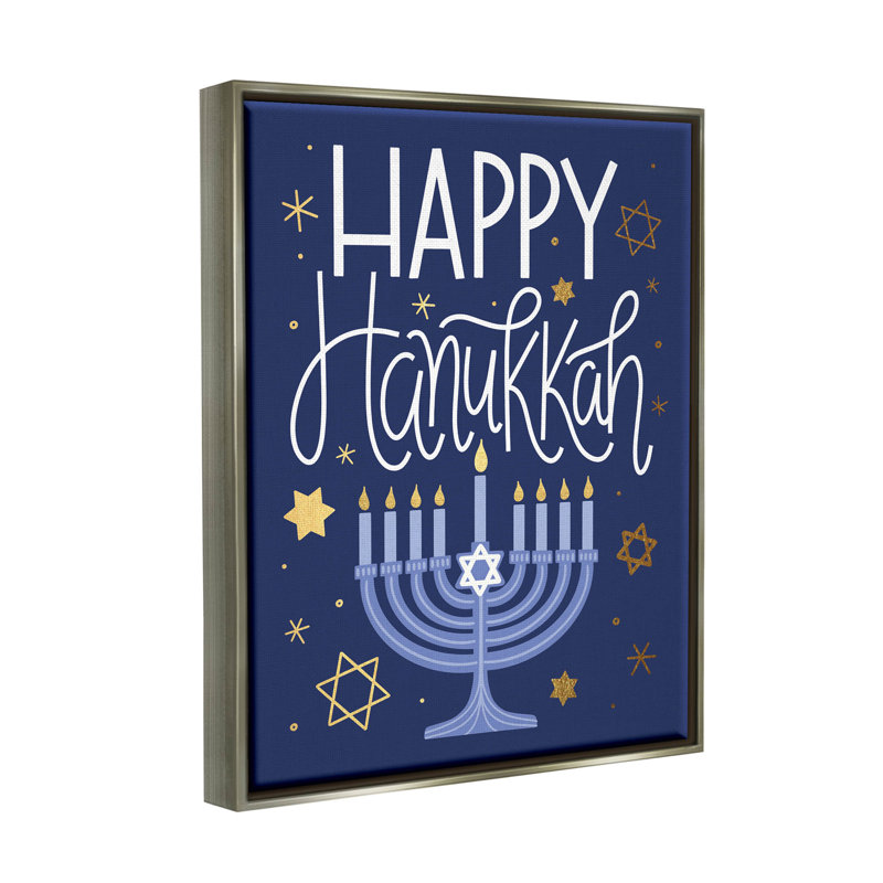 «Happy Hanukkah Blue Menorah - Floater Frame», impression sur toile, H 31 po x l 25 po x P 1,7 po, Cadre flottant gris lustré
