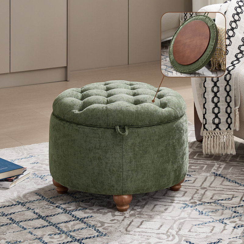 24’’ Wide Upholstered Tufted Round Storage Ottoman, Green Chenille