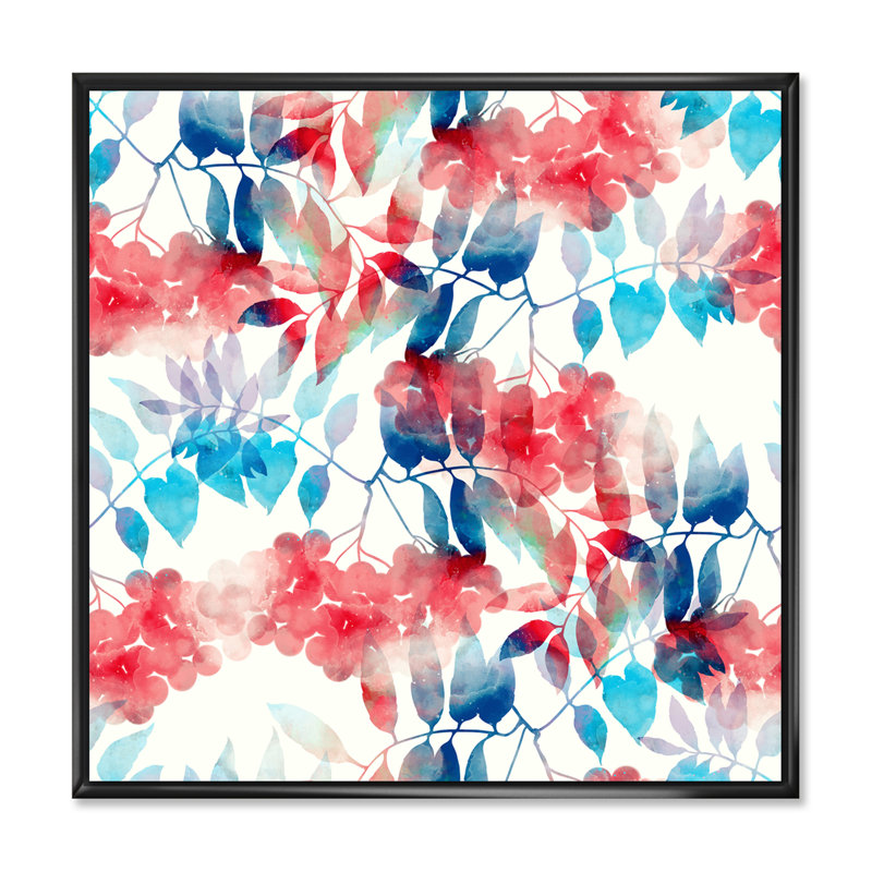 Feuilles rouges et bleues sur fond beige I - Peinture sur toile, H 30 po x l 30 po, Cadre flottant noir