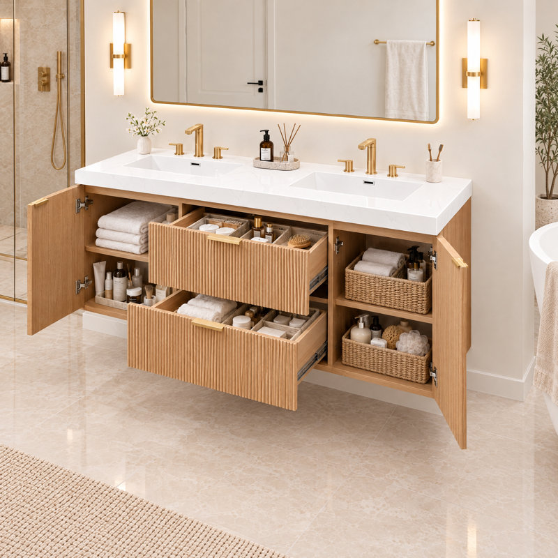 Meuble-lavabo double 59,3 po avec plateau en résine SMC, armoire en panneau de fibres à densité moyenne peint, portes à fermeture en douceur, tiroirs divisés, meuble-lavabo mural moderne pour les grandes salles de bain