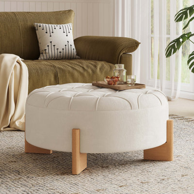 Pouf rond capitonné de 81 cm avec pieds en bois massif, table basse moderne ornée de boutons capitonnés et de passepoils, repose-pieds en tissu chenille pour salon