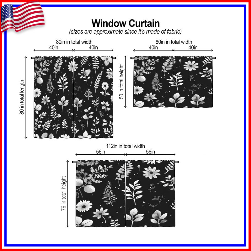 Rideaux de fenêtre noirs à motif floral transparent et obscurcissant - 2 panneaux, 40in x 80in - 2 panels