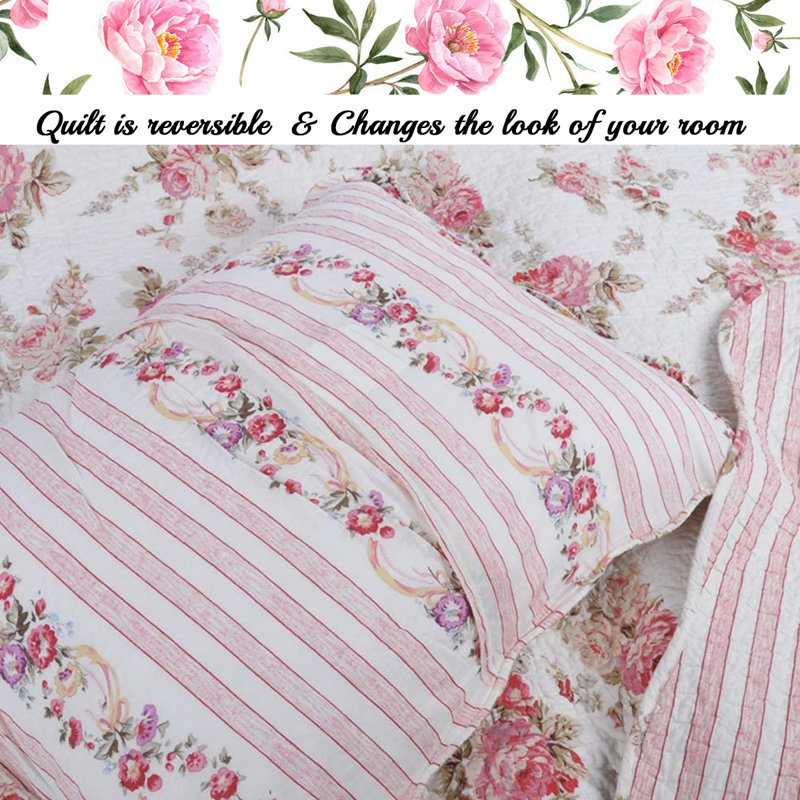 Cotton Floral Quilt, Queen Quilt + 2 Standard Shams