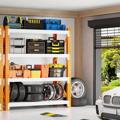 Étagères de rangement à 4 niveaux, étagère de garage robuste de 79 po, système de tablettes en métal industriel réglable, capacité de 3 400 lb, range-outils pour le garage, atelier, l 42 po x P 20 po x H 79 po, orange et blanc