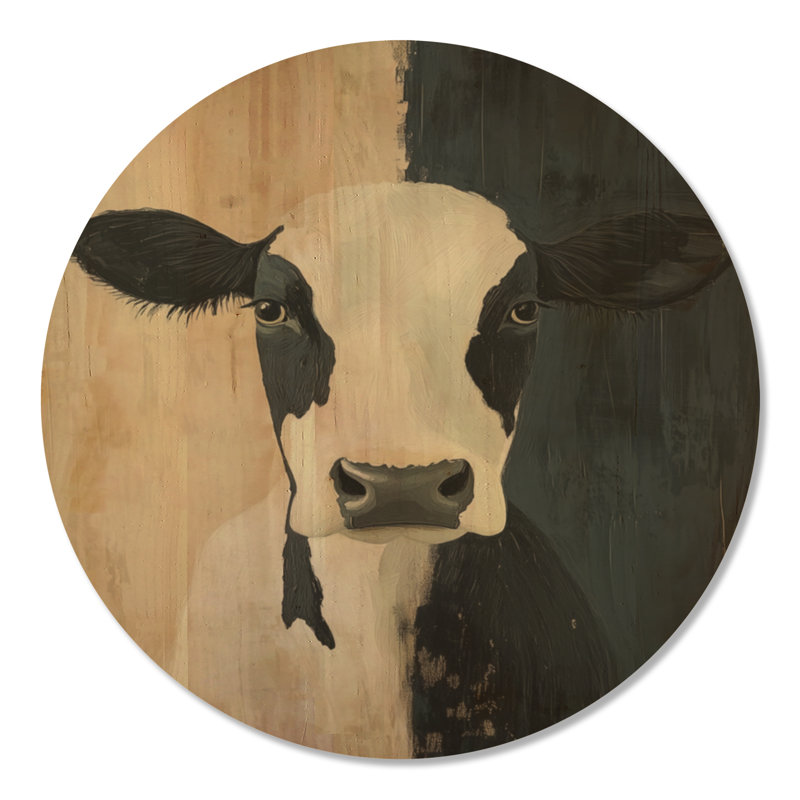 Portrait audacieux d'une vache laitière - Décoration murale ronde en bois représentant un animal de ferme noir, Rond 23 po